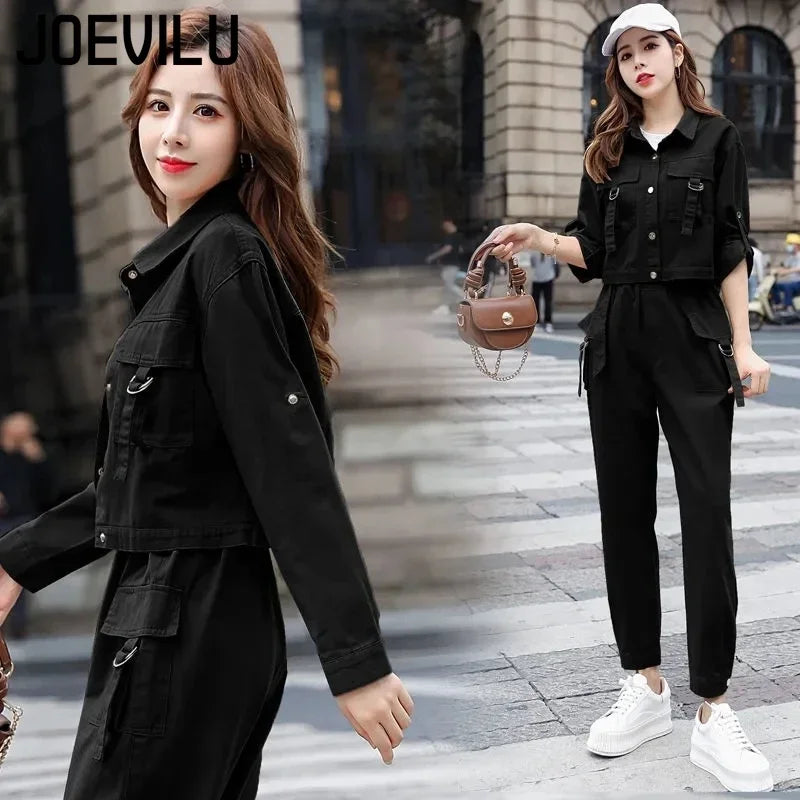 JOEVILU 2PCS Streetwear Tracksuit Cargo Coat Casual Pants 2 Piece Sets Women's Outfits Spring and Autumn Korean Fashion Y2k Suit