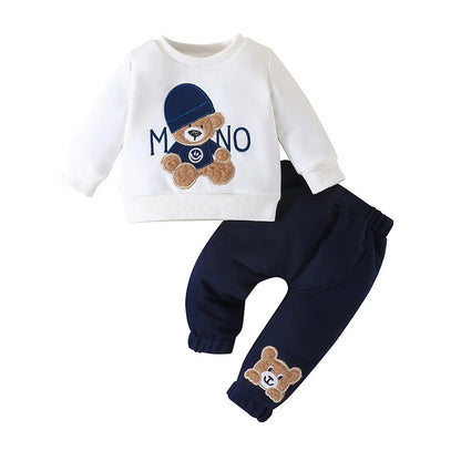 Terno For Kid 3-24Months Casual Cartoon Bear Long Sleeve tee and Navy Pants Outfit Toddler Infant Clothing Set Kids Wear