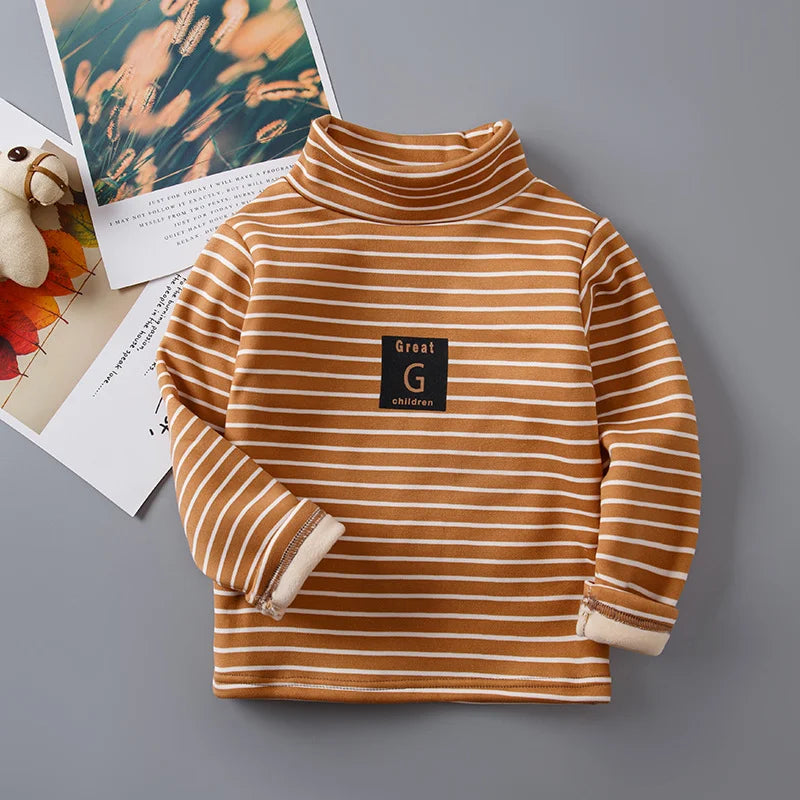 Children Striped Thickened Base Shirt High Collar Top Single Piece Boys Girls Half High Collar Long Sleeve T-shirt