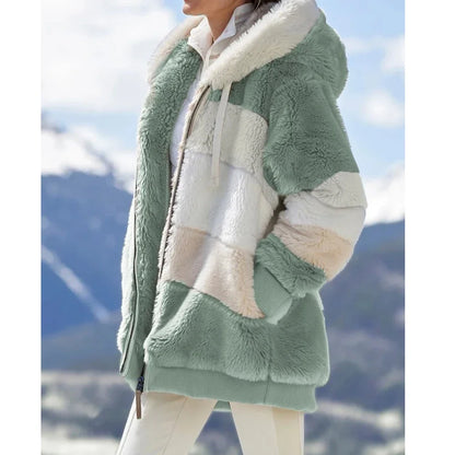 Women’s Winter Coat Hooded Zipper Jacket with Plaid Stitching & Thick Cashmere – Fashion Warm Outerwear