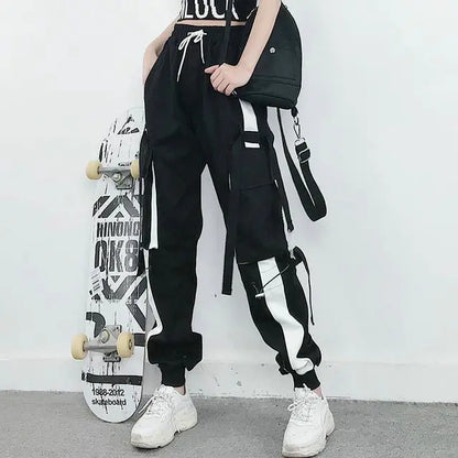 Women Cargo Pants Fashion Punk Pockets Jogger Trousers With Chain Elastics High Waist Streetwear