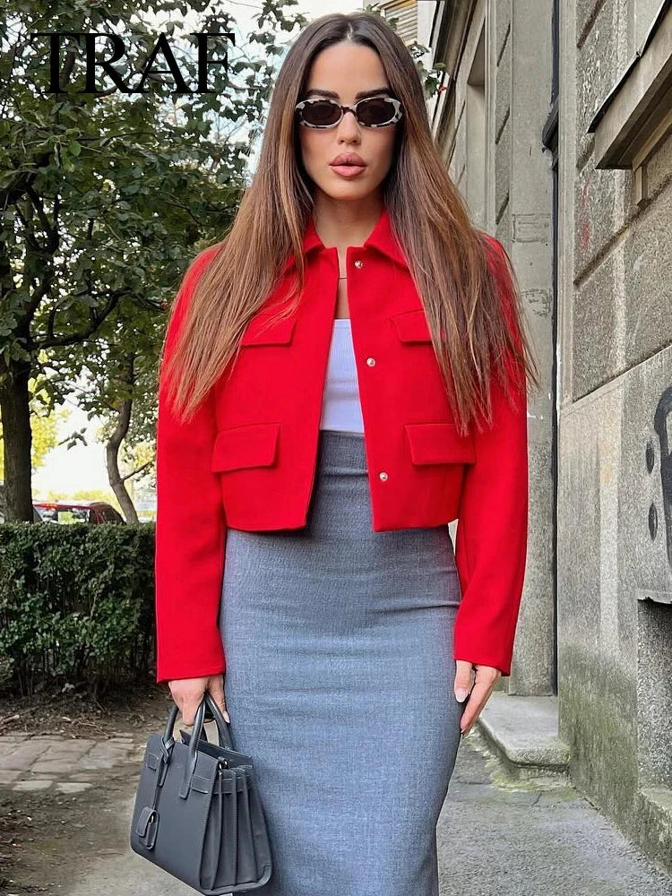 TRAF 2024 Women Fashion With Flaps Cropped Blazer Coat Female Vintage Long Sleeve Snap-button Short Coat Elegant Lady Tops