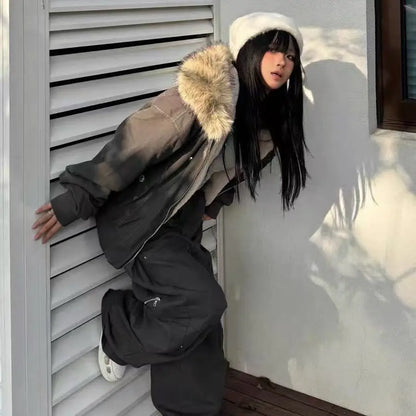 Unisex Fur Collar Hooded Parka | Thick Padded Winter Jacket – Gothic Streetwear Zipper Coat for Women & Men