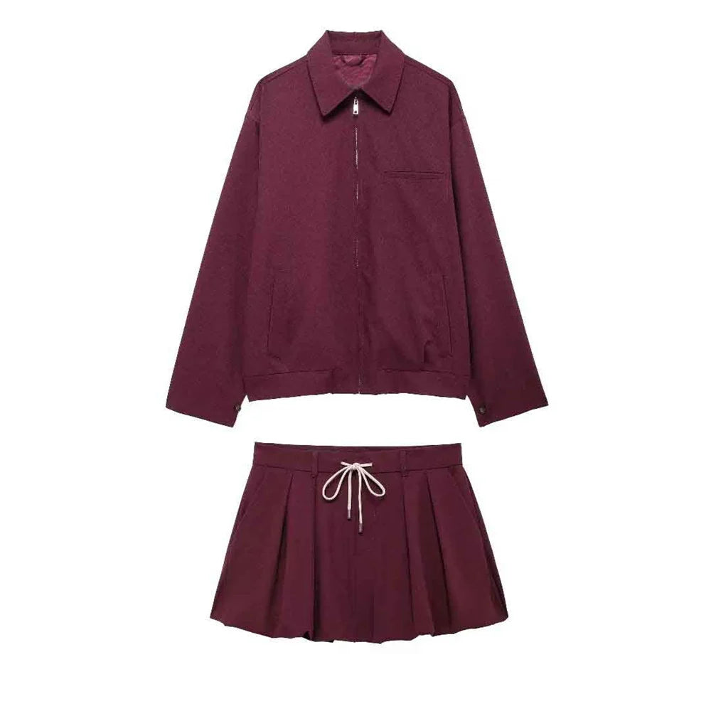 New Product Fashion Casual Women's Zipper Pocket Decoration Jacket Coat Lantern Mini Skirt Set