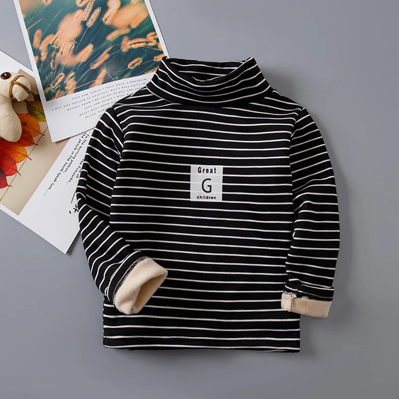 Children Striped Thickened Base Shirt High Collar Top Single Piece Boys Girls Half High Collar Long Sleeve T-shirt