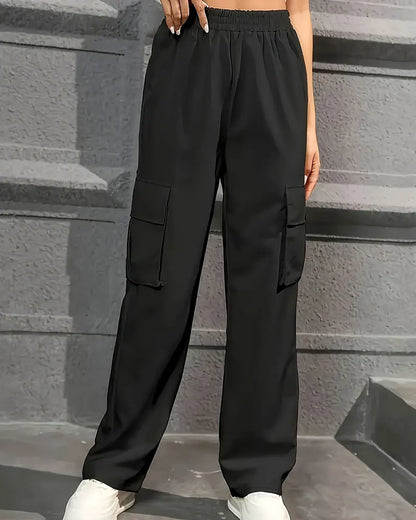 Elastic Waist Fashionable Workwear Pants High Waist Wide Leg Pants Loose Solid Color Casual Sports Pants WOMEN'S Sportswear