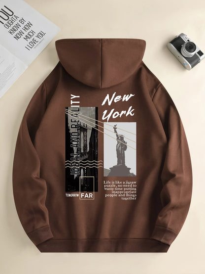 Men's new fashion hoodie, Casual Daily Drawstring Hooded Sweatshirt Street View Print, front kangaroo pocket, men's jacket