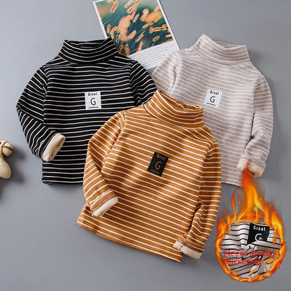 Children Striped Thickened Base Shirt High Collar Top Single Piece Boys Girls Half High Collar Long Sleeve T-shirt