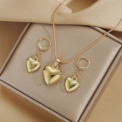 Glossy Gold Plated Metal Love Heart Dangle Earrings Necklace Jewelry Set for Women Simple Dainty Daily Wear Outfit Accessories