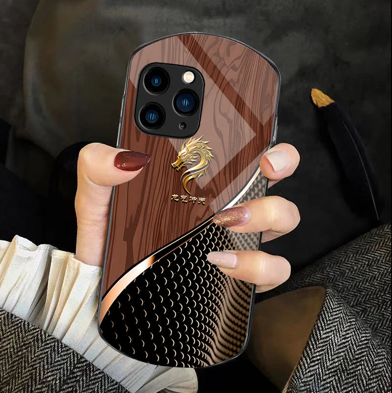 Wood Grain Dragon Qi For Iphone 11 12 13 14 15 Pro Max Plus Mini 7 8 Se 2020 X Xs Xr Elliptical Tempered Glass Phone Case