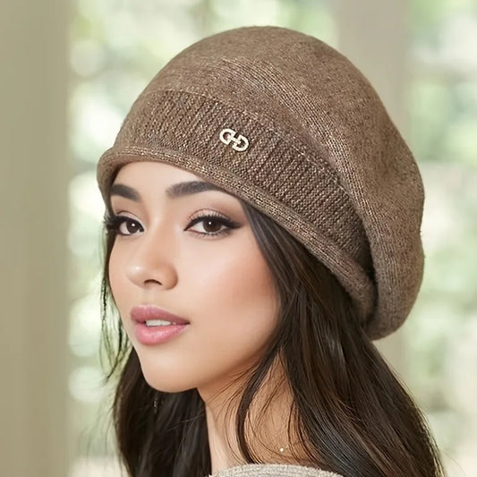 Women's Stretchy Fleece Beanie Hat with Pocket, Soft and Cozy Acrylic Knit Cap for Autumn and Winter