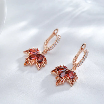 Kinel Original Design Shiny Red Natural Zircon Maple Leaf Earrings For Women Fashion 585 Rose Gold Color Fall Daily Fine Jewelry