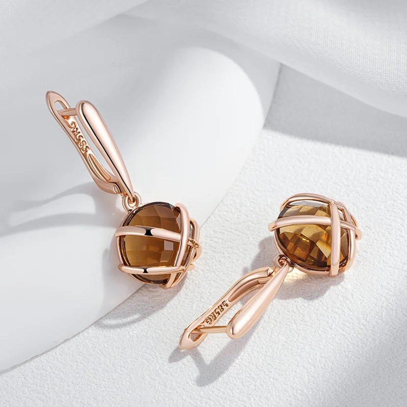 Kinel Hot Light Brown Natural Zircon Drop Earrings for Women Luxury 585 Rose Gold Color Glossy Metal Daily Fine Ethnic Jewelry