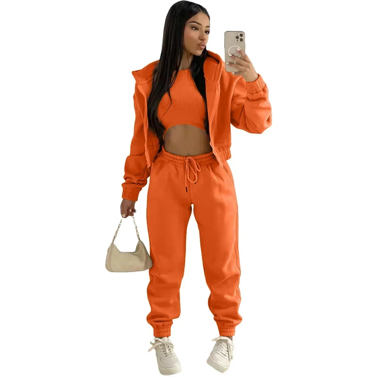 3pcs Women's Clothing Set Fleece-lined Hooded Sweater &Sleeveless Tank Top & Sports Sweatpants Pants