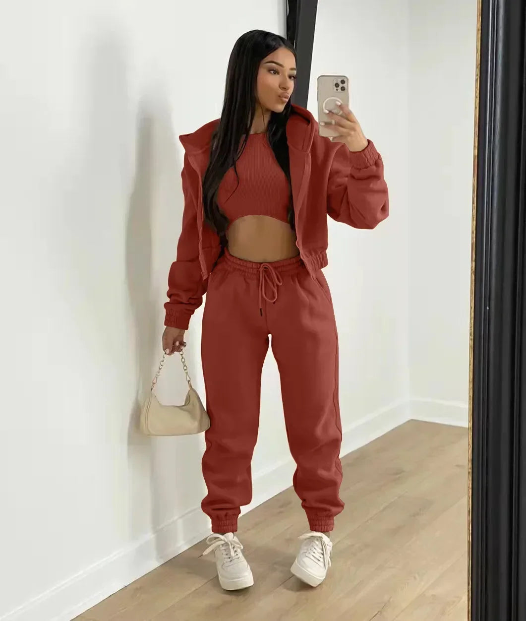 3pcs Women's Clothing Set Fleece-lined Hooded Sweater &Sleeveless Tank Top & Sports Sweatpants Pants