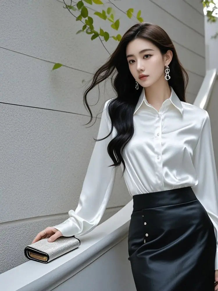Women’s Elegant Silk Office Shirt | Slim Long Sleeve Workwear Blouse – Korean Fashion Y2K Top