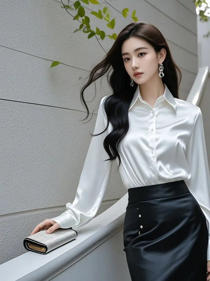 Women’s Elegant Silk Office Shirt | Slim Long Sleeve Workwear Blouse – Korean Fashion Y2K Top