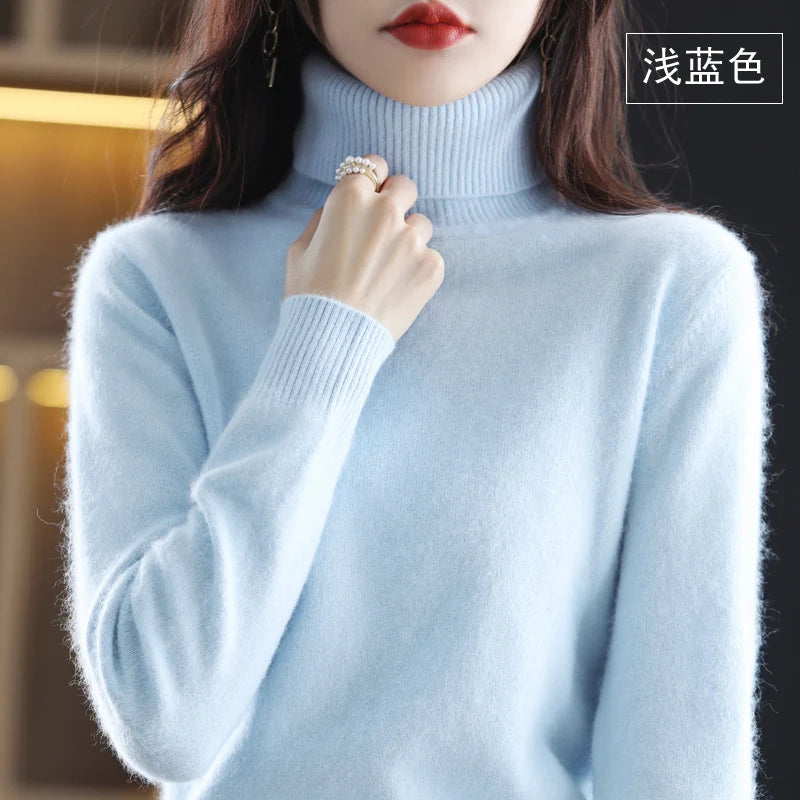 Autumn And Winter New 100% Mink Cashmere Sweater Women's High Neck Knitted Pullover Loose Korean Fashion Warm Women's Top