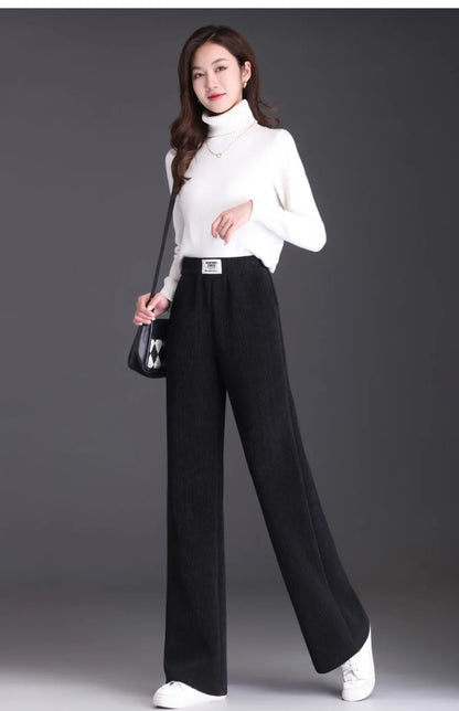 Winter New Women's Bottoms Fleece-lined Straight-leg Casual Wool Pants Autumn High-quality Ladies Trousers