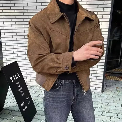 Versatile Vintage American Style Chamois Leather Jacket For Men Brown Coffee Maillard Matching Cropped Lapel Autumn Winter Season