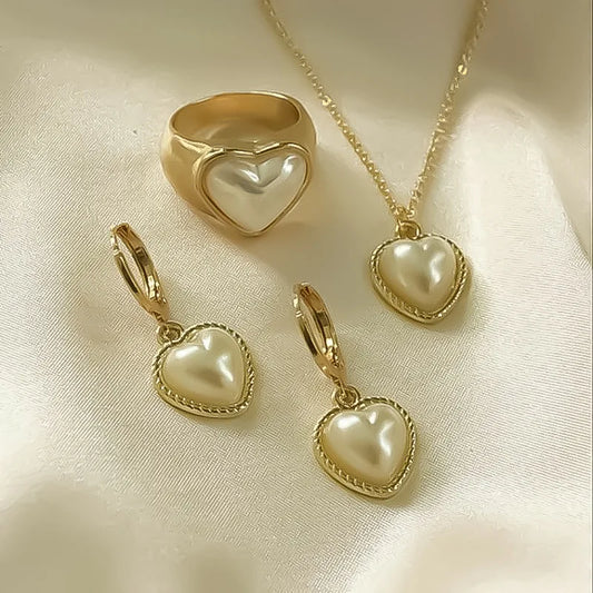 Fashion 3-piece Set Pearl Jewelry Set for Women Korean Heart Ring Pendant Necklace Hoop Earrings Set Trendy Elegant Wedding Gift