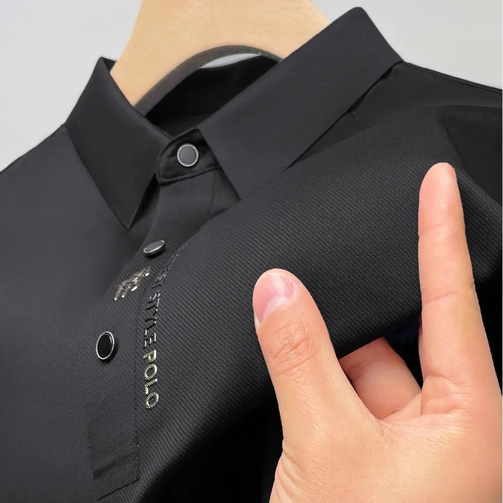 High-end Ice Silk Elasticity Printing Polo Shirt 2024 Summer Luxury Quality Short Sleeved Business Casual T-shirt Men's Clothing