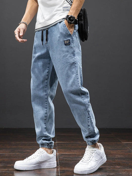 Streetwear Cargo Jeans for Men – Baggy Denim Jogger Pants, Black & Blue Harem Trousers, Plus Size Casual Spring/Summer