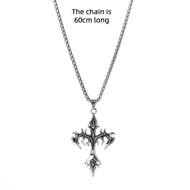 Men's Fashion Punk Flame Cross Pendant Chain Necklace for Women Male  Long Chain Hip Hop Rock Gothic Jewelry Gift