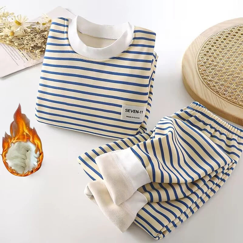 New striped plush warm children's clothing set for boys and girls pajamas clothing pants autumn and winter pajamas 0-5 years old