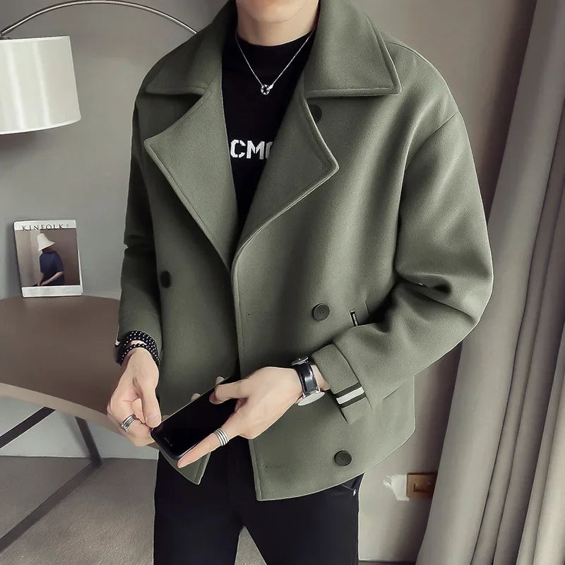 Trendy Brand Autumn Winter New Men's Cropped Jacket Korean Style Casual Fashion Woolen Overcoat Warm Net Red Version For Men