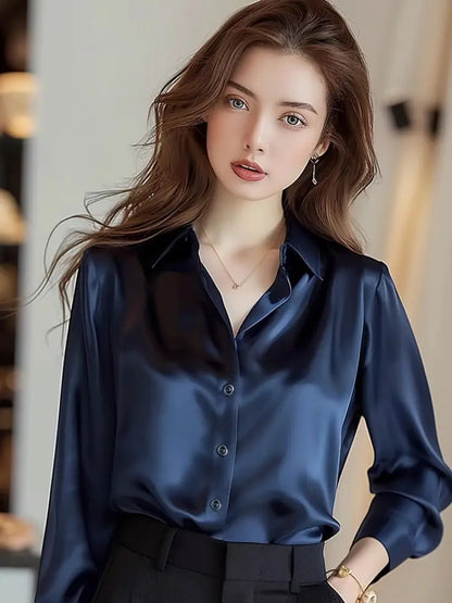 Women’s Elegant Silk Office Shirt | Slim Long Sleeve Workwear Blouse – Korean Fashion Y2K Top