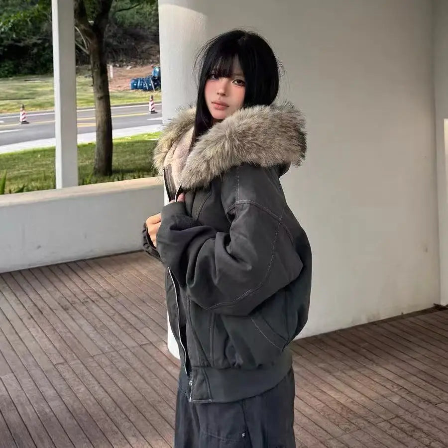 Unisex Fur Collar Hooded Parka | Thick Padded Winter Jacket – Gothic Streetwear Zipper Coat for Women & Men