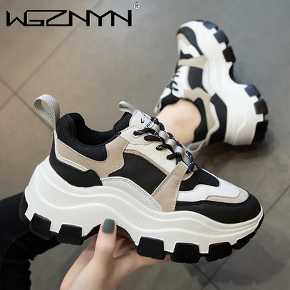 Brand Women Chunky Sneakers Vulcanize Shoes Korean Fashion New Female Black White Platform Thick Sole Sneaker Casual Shoes Woman