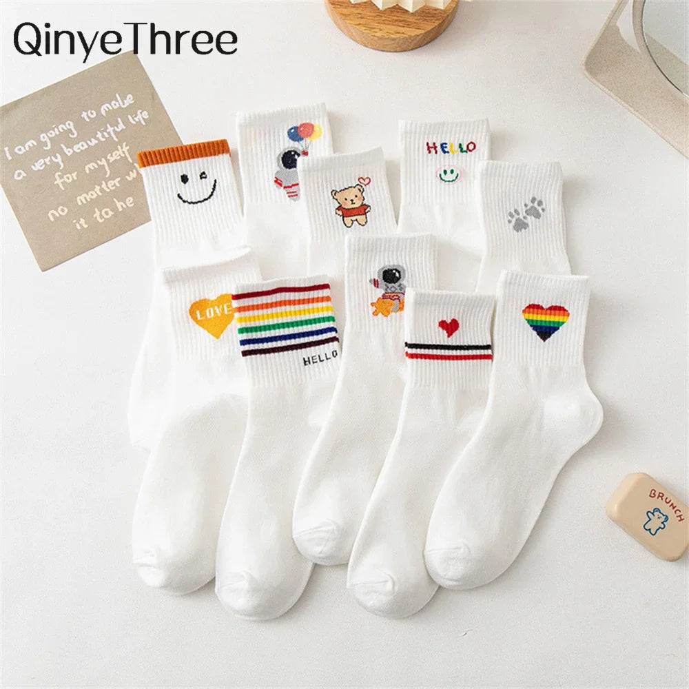 Funny Cartoon Heart Astronaut Rainbow Stripes Bear Footprint Sport Hipster Harajuku Casual Soft White Cotton Socks Dropship