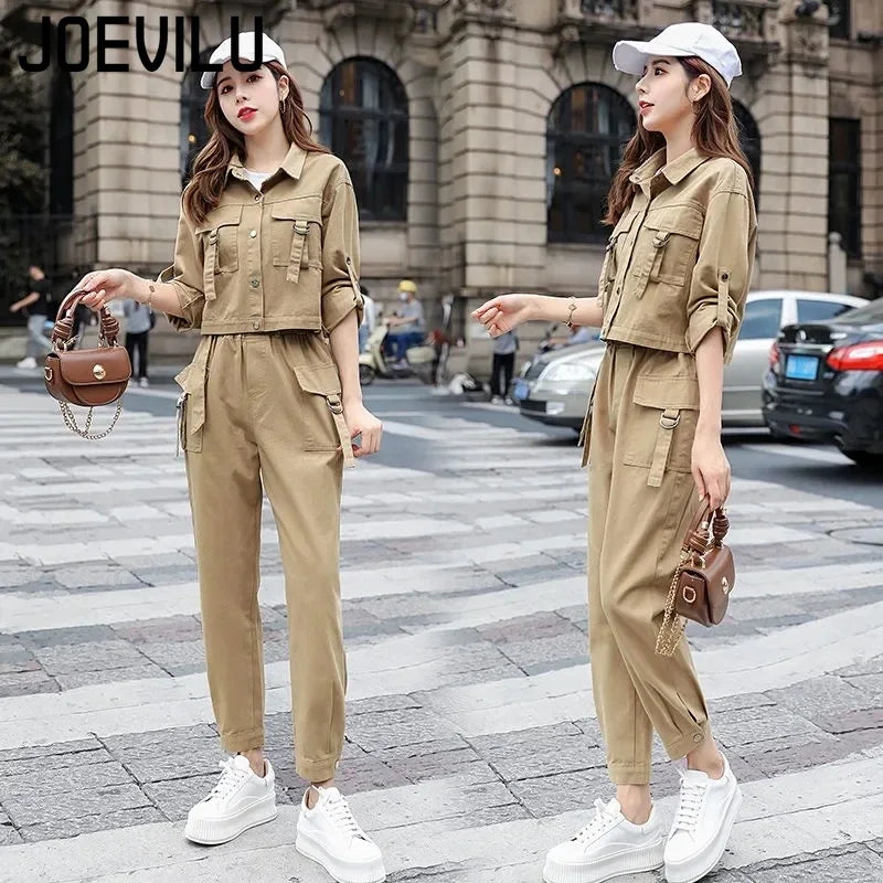 JOEVILU 2PCS Streetwear Tracksuit Cargo Coat Casual Pants 2 Piece Sets Women's Outfits Spring and Autumn Korean Fashion Y2k Suit