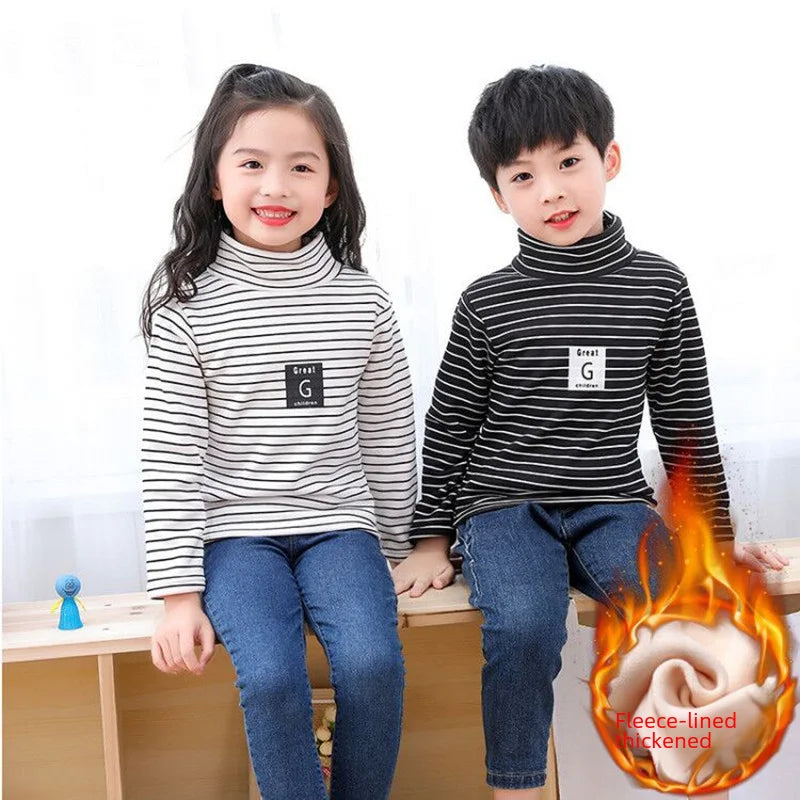 Children Striped Thickened Base Shirt High Collar Top Single Piece Boys Girls Half High Collar Long Sleeve T-shirt