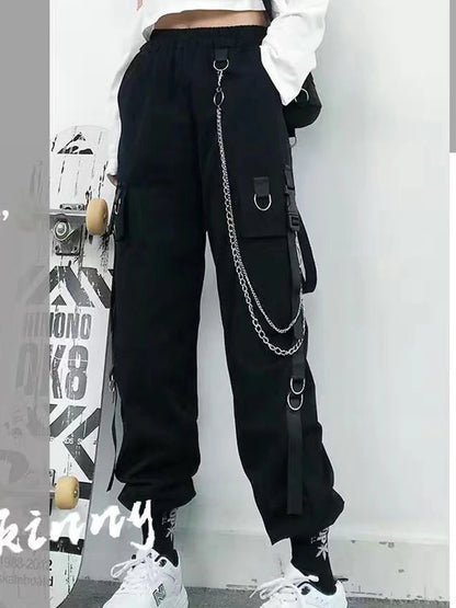 ZOKI Gothic Women Cargo Pants Black Joggers High Waisted Harajuku Harem Pants Punk Goth Techwear Chain Trousers Female Hip Hop