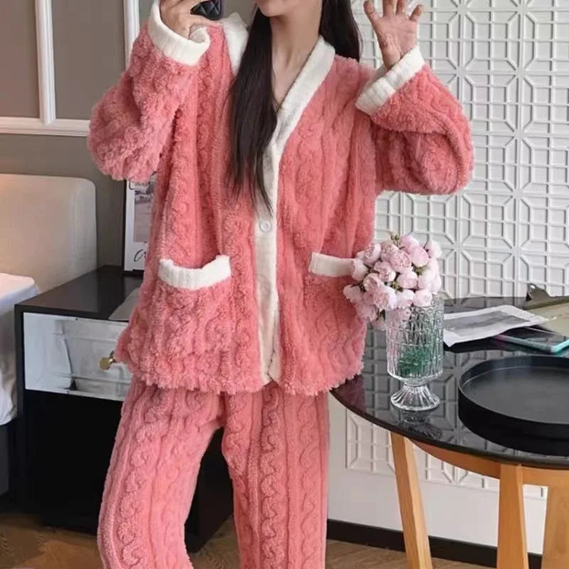 2pcs/Set Autumn And Winter Pajamas Women Thickened Padded Warm Coral Girls Clot Velvet Suit Homewear Cardigan Trousers