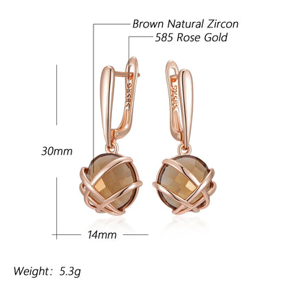 Kinel Hot Light Brown Natural Zircon Drop Earrings for Women Luxury 585 Rose Gold Color Glossy Metal Daily Fine Ethnic Jewelry