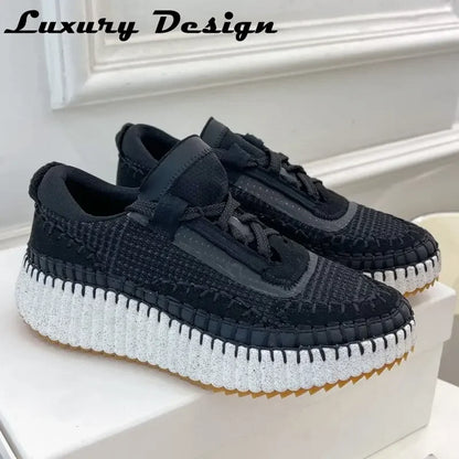 Luxury Designer Sneakers Women Thick Sole Mixed Colors Brand Sport Shoes Round Toe Lace Up Casual Sneakers Shoes Female