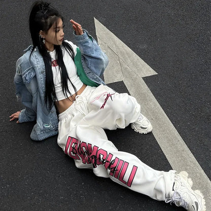 New Streetwear White Track Pants Women Harajuku Hippie Wide Leg Sweatpants Oversize Quick Dry Printed Joggers Trousers