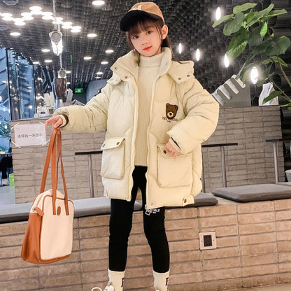 2024 New Girls Down Jacket Cute Bear Autumn Winter Warm Fashion Parka Coat Hooded Zipper Girls Outerwear 5-12 Years Kids Clothes