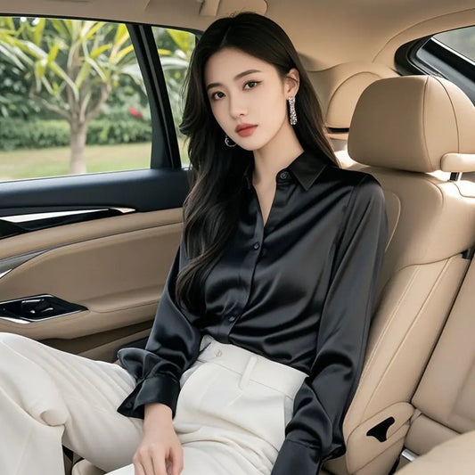Women’s Elegant Silk Office Shirt | Slim Long Sleeve Workwear Blouse – Korean Fashion Y2K Top
