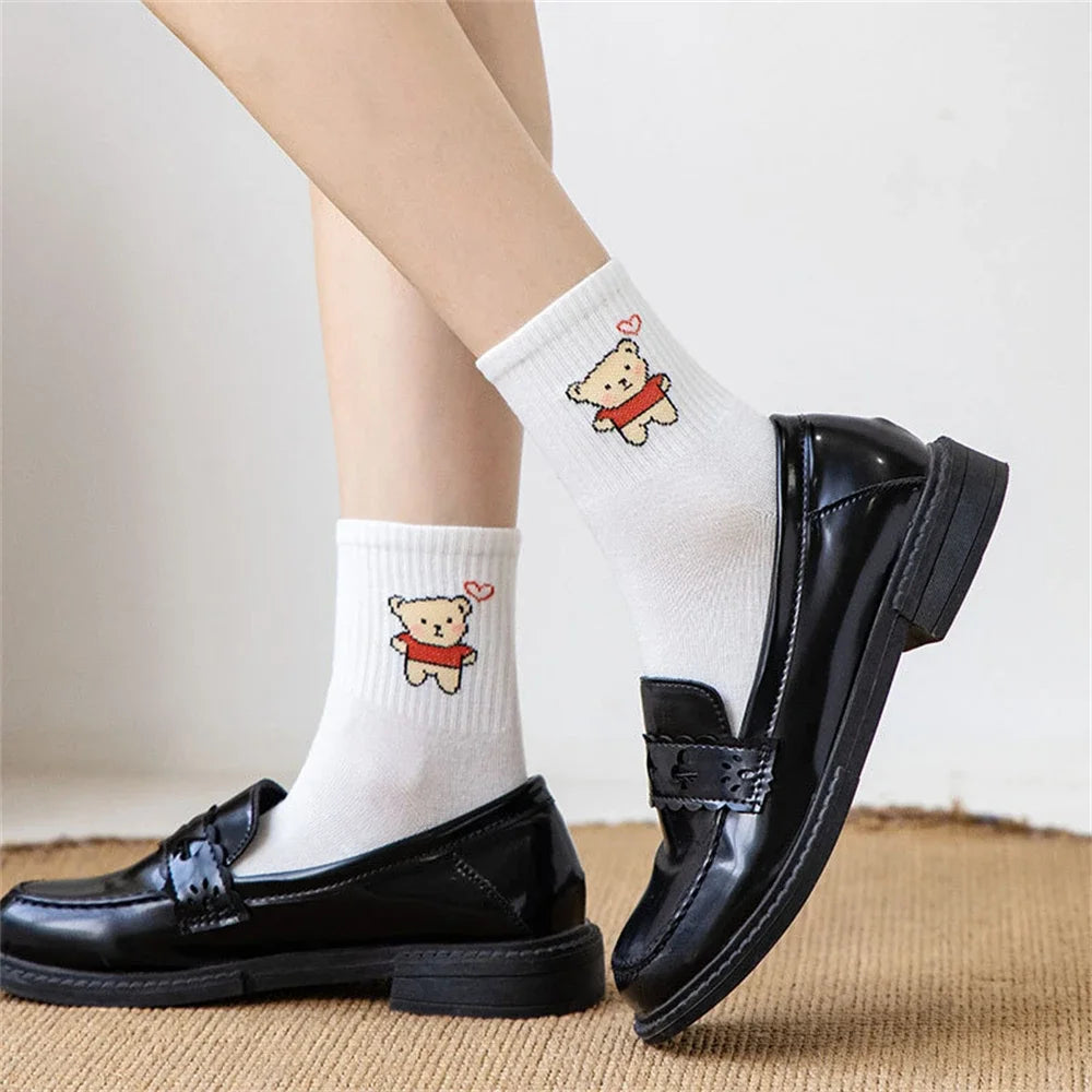 Funny Cartoon Heart Astronaut Rainbow Stripes Bear Footprint Sport Hipster Harajuku Casual Soft White Cotton Socks Dropship