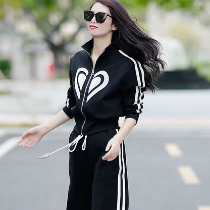 2023 Autumn Winter New Women's Casual Sports Suit Stand Collar Zippered Sweater Coat Tops Wide Leg Pants Two Piece Set Plus Size