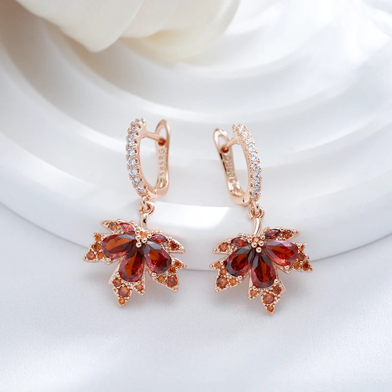 Kinel Original Design Shiny Red Natural Zircon Maple Leaf Earrings For Women Fashion 585 Rose Gold Color Fall Daily Fine Jewelry