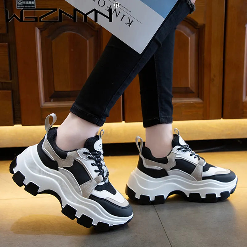 Brand Women Chunky Sneakers Vulcanize Shoes Korean Fashion New Female Black White Platform Thick Sole Sneaker Casual Shoes Woman