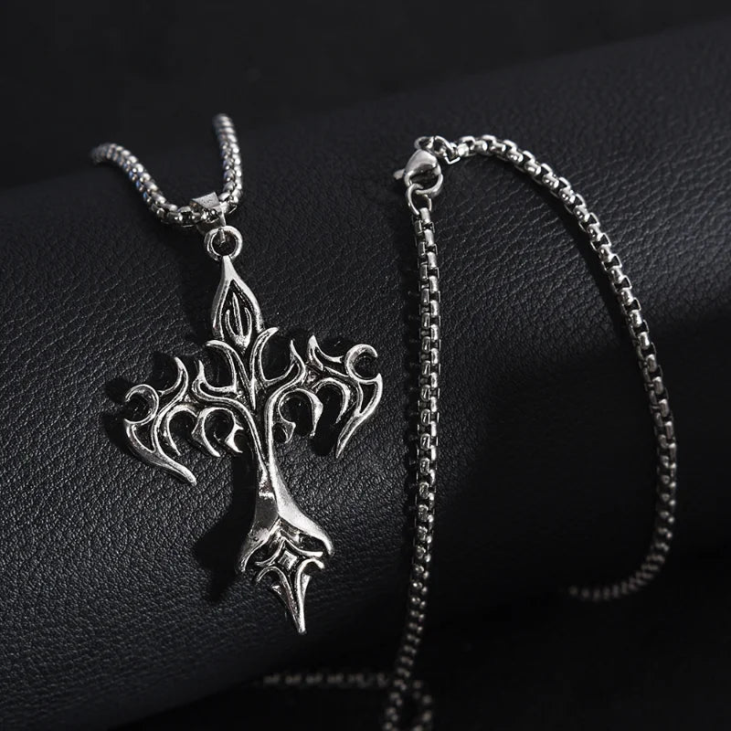 Men's Fashion Punk Flame Cross Pendant Chain Necklace for Women Male  Long Chain Hip Hop Rock Gothic Jewelry Gift