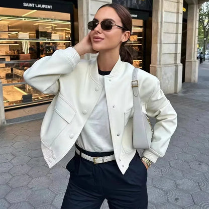 Woman Bomber Jacket Coat White Autumn Winter Button Baseball Aviator Cropped Jackets for Women Long Sleeve Crop Outerwear