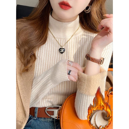 Women's Turtleneck Sweater Winter Retro Red with Velvet Lining Thickened Inner Wear Thermal Knitting Bottoming Shirt